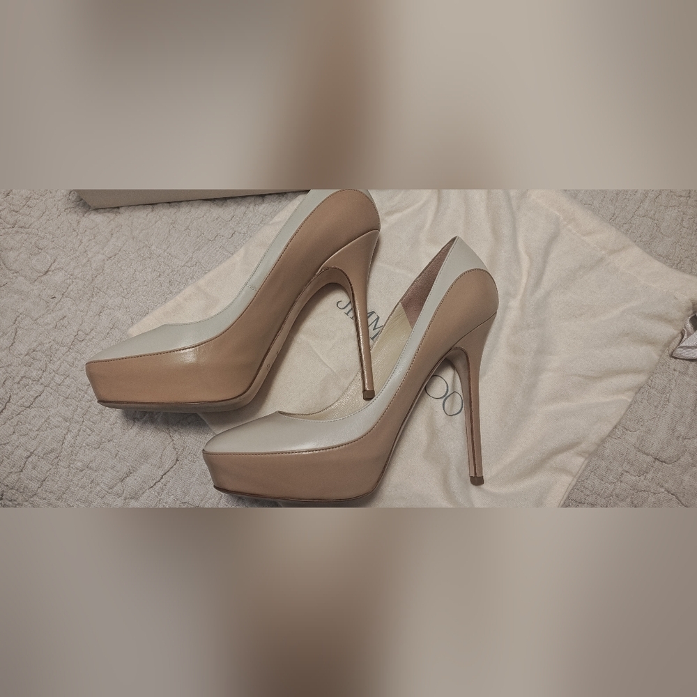 Jimmy Choo Women's SEPIA KNL Nude & White Kid/Nappa Leather Heels - Like New - Picture 8 of 16